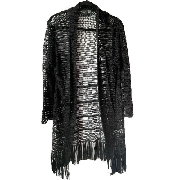 New RALPH LAUREN Women's Open Knit Linen Blend Cardigan  $245 Fringe Black Mediu - Picture 6 of 6